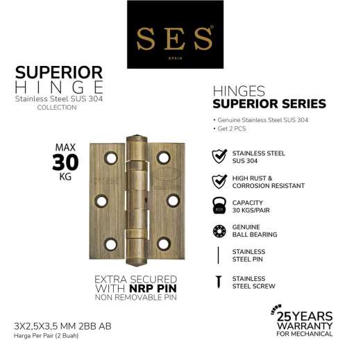 ENGSEL JENDELA – HINGE SES 3 x 2,5 x 3,5 MM 2BB Q14 AB SUS 304